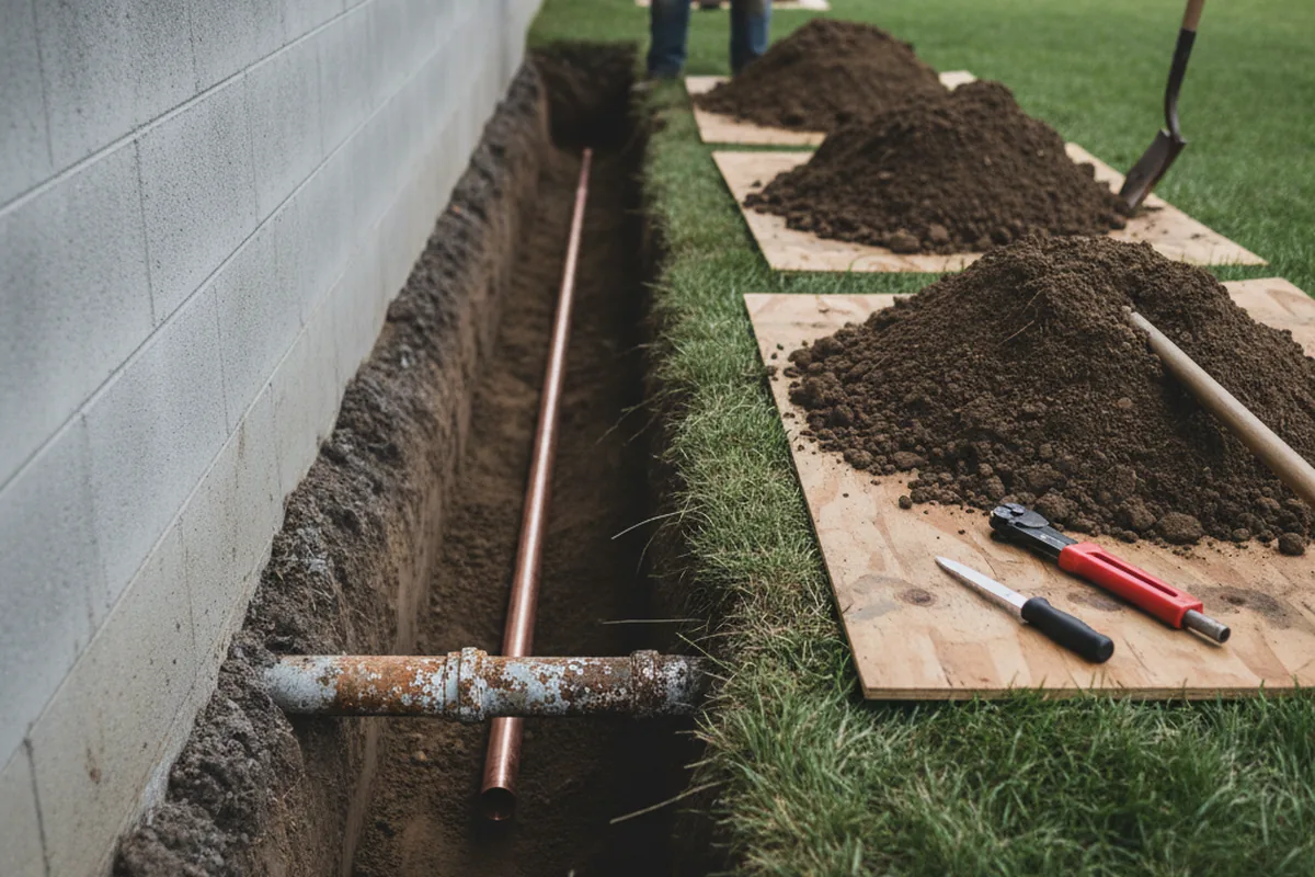 Excavated water line trench during Sewer Line Repair in American Falls